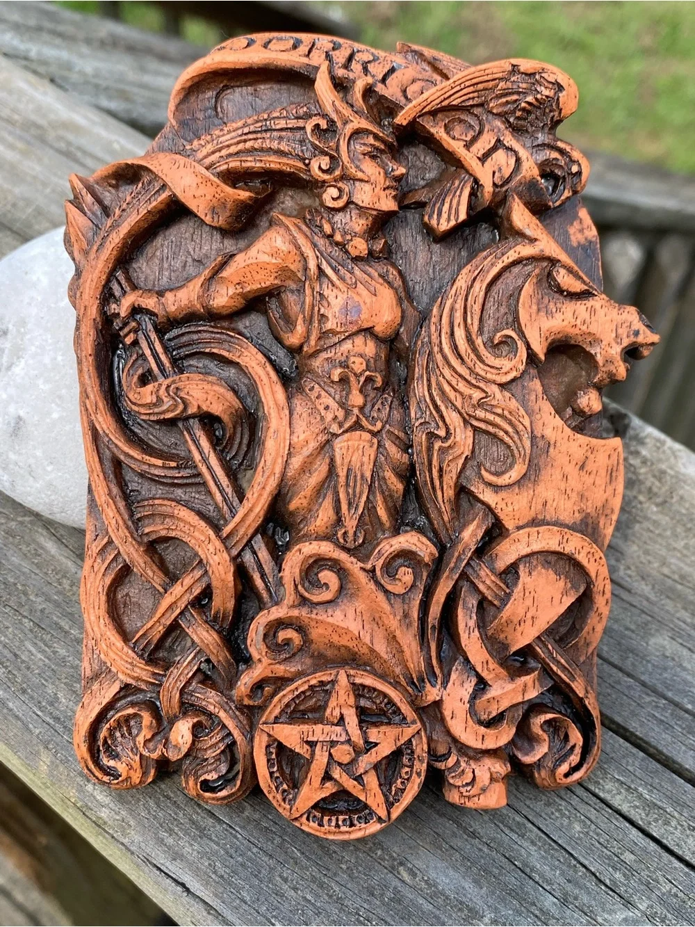 Morrigan Phantom Queen Warrior Goddess Wall Plaque - Rustic Terracotta Finish